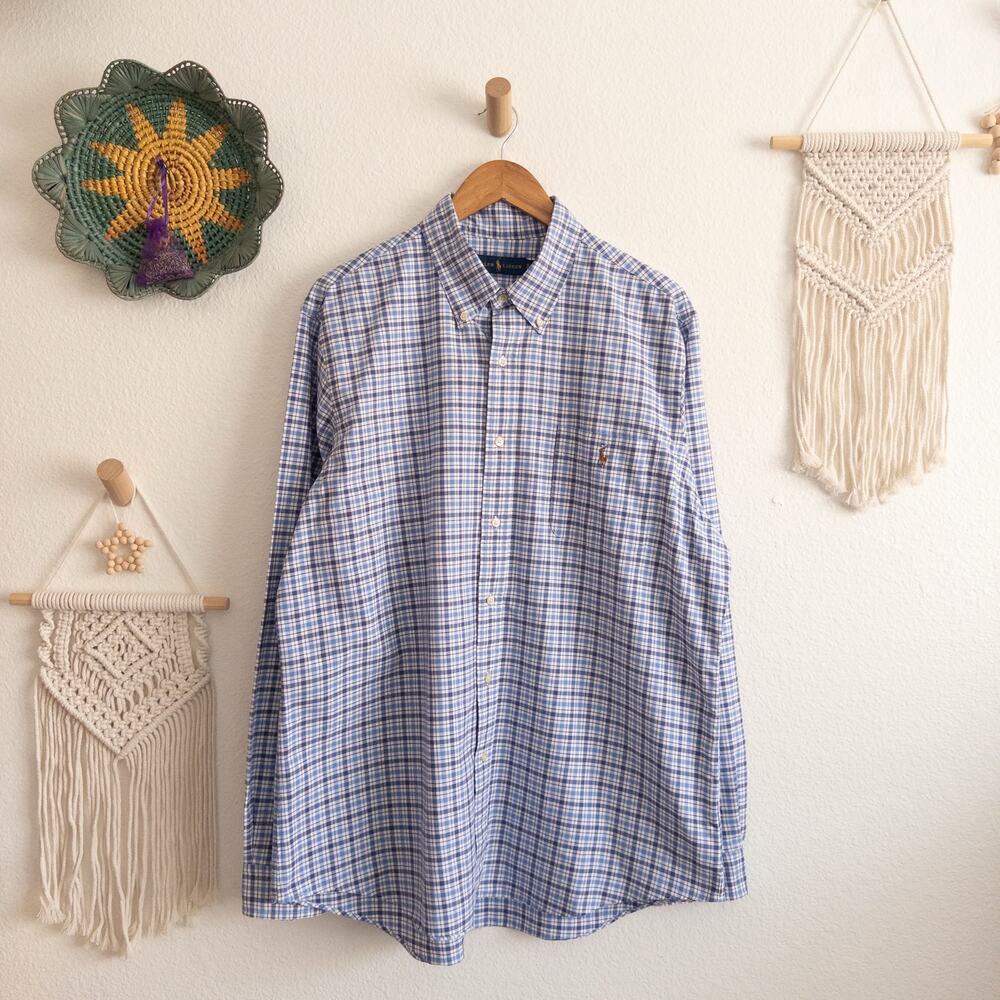 Ralph Lauren Blue and White Plaid Casual Button Down Shirt Size XL